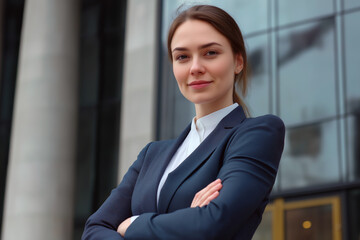 Portrait of a female banker in a business suit, standing with crossed arms in front of a bank building, smiling confidently.