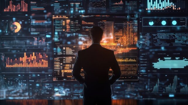 3D visualization of a marketer analyzing competitor marketing strategies, with floating 3D projections showing competitor analysis, market share data, and online engagement metrics in a digital