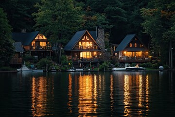 Fototapeta premium Lakeside Cabins Illuminated At Night Reflecting In Water