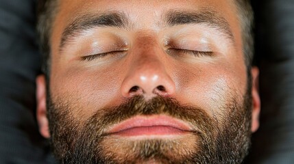Obraz premium A man with his eyes closed and his head resting on a pillow