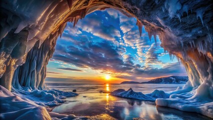 Fototapeta premium Arctic winter wonderland: frozen cave sunset, ice cave night photography reveals a stunning night sky.
