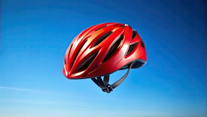 Obraz premium A red cycling helmet floats mid-air, a vibrant splash of color against the sky.