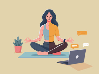 work life balance vector concept business woman meditating yoga laptop flower female character choosing between health relax career dividing office illustration