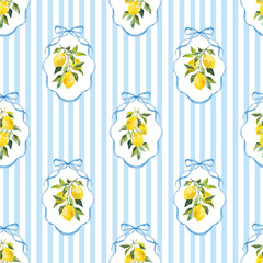 Beautiful vector seamless checkered pattern with bows and lemons. Composition with vintage bows and handmade ribbons. Blue ribbon on a light blue striped background.