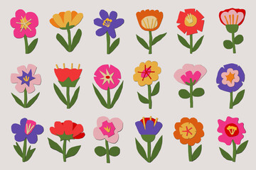 Colorful paper cut flowers. Paper cut flower illustration. Cute flower illustration for decoration