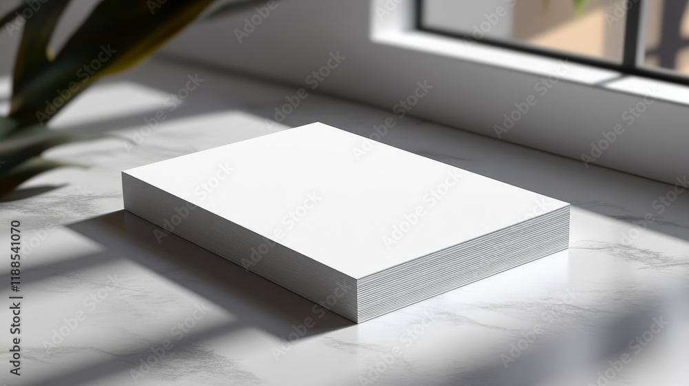 Poster stack of blank white paper sheets on a marble surface with soft shadows and natural light from a win