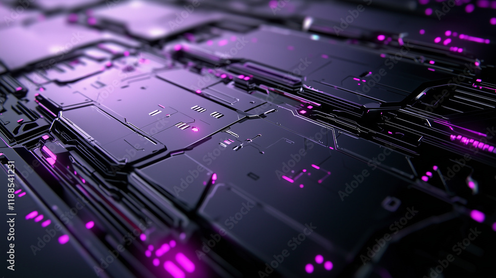 Aufkleber a high-tech purple metallic surface features interconnected geometric patterns with glowing accents,