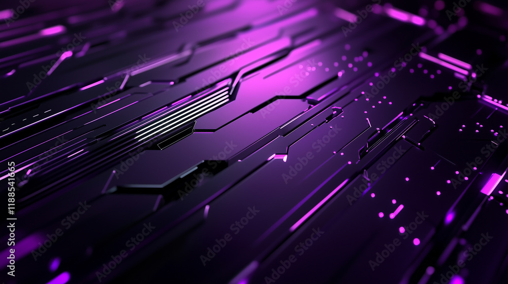 Poster an abstract purple metallic surface features interwoven patterns of glowing lines and embossed textu