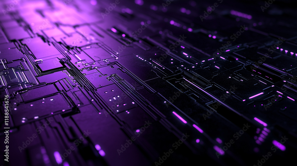 Poster an abstract purple metallic surface features interwoven patterns of glowing lines and embossed textu