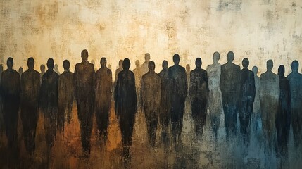  Abstract urban crowd in earthy tones with overlapping human forms in muted shades of brown, grey, and blue, reflecting themes of urban life, anonymity, and society.