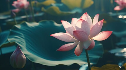 Pink lotus flower blooming centrally symbolizes enlightenment, harmony with nature, dark green leaves background contrasts delicate petals, conveying peace, serenity, spiritual unity