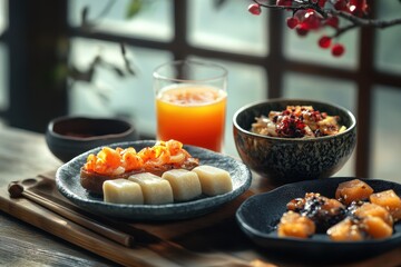 Korean snack hangwa paired with sikhye sweet rice drink and sujeonggwa a persimmon punch
