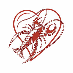 A red lobster shaped like a heart, with a love symbol, perfect for a unique Valentine's Day celebration.