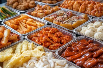 Korean snacks fried chicken various rice cakes potato fish cake cheese stick and cup rice