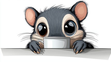 Fototapeta premium A cartoon mouse peeking over a table with a cup of coffee