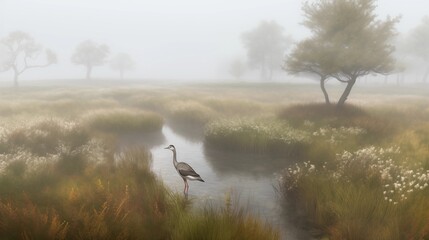 Serene Heron in Misty Wetland