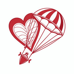 A couple under a heart-shaped balloon silhouette, with design motifs adding to the romantic atmosphere.