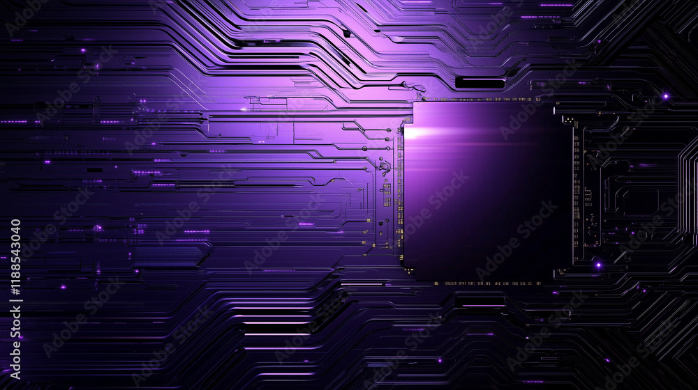 Poster a high-tech purple metallic background features concentric patterns with holographic reflections, ev