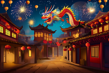 Fototapeta premium A Majestic Dragon Soaring Over a Festive Chinese Street During a Vibrant Nighttime Celebration
