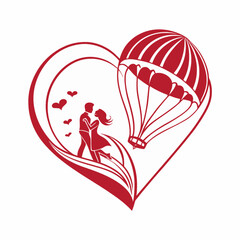 A romantic illustration featuring a heart-shaped balloon silhouette with a boy and girl, surrounded by decorative elements.