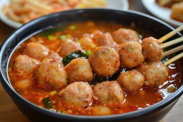 Korean soup with fish cake skewers