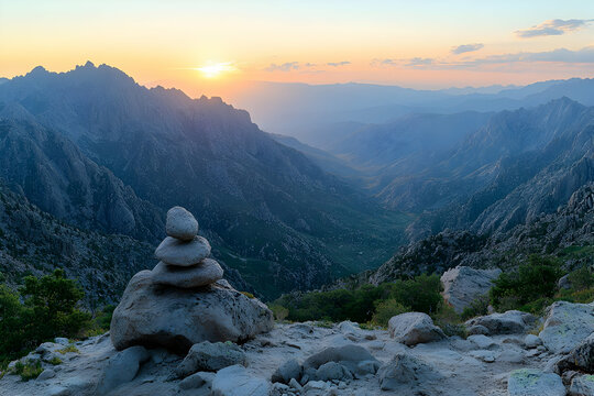 Majestic mountain landscape at sunset with a rock cairn in foreground