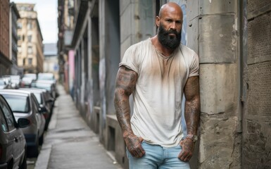 Obraz premium Urban street setting, muscular man, white t-shirt, teal shorts, tattoo sleeve, cropped view, torso focus, casual pose, hands in pockets, brick wall background, sunlight, summer fashion, street style, 