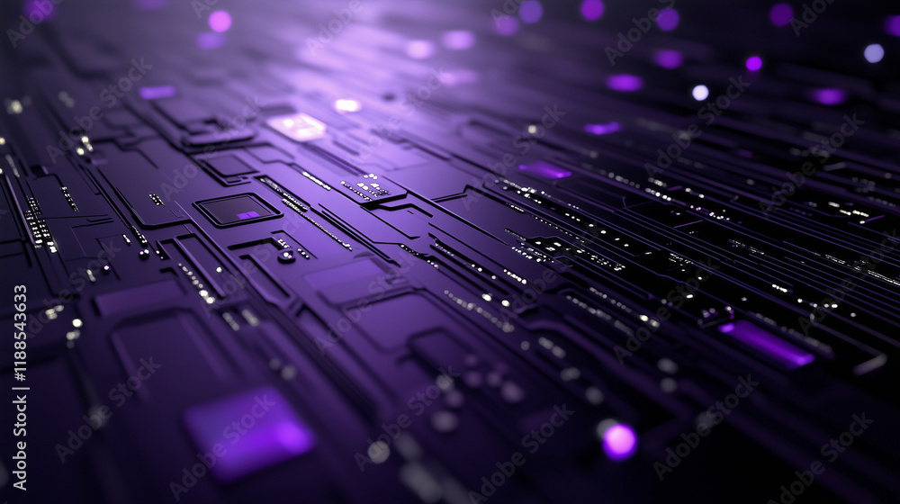 Poster a textured purple metallic surface with symmetrical patterns and embedded led-like accents creates a
