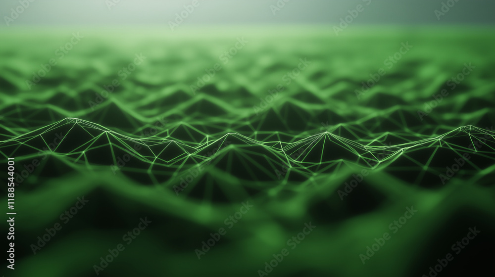 Poster a green abstract low-poly triangle field stretches infinitely, its sharp edges and interconnected po