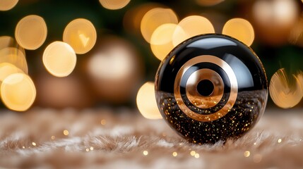 Fototapeta premium A black and gold christmas ornament sitting on top of a fluffy white rug