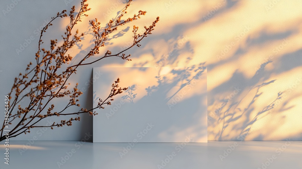 Poster elegant minimalist scene featuring dried branches casting delicate shadows on a textured wall with a