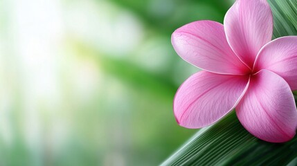 A pink flower on a green leaf with a blurred background