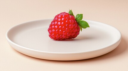 A vibrant strawberry rests on a simple plate, showcasing its rich color and fresh green leaves against a soft background.