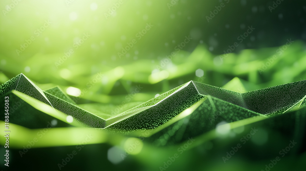 Poster a vibrant green low-poly triangle field showcases an interplay of sharp edges and smooth surfaces, i