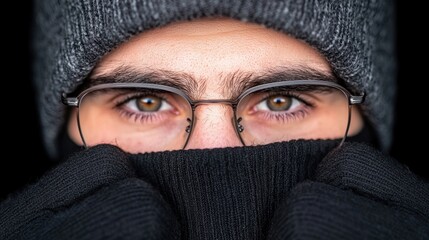 Fototapeta premium A man wearing a gray hat and glasses covering his face with his hands