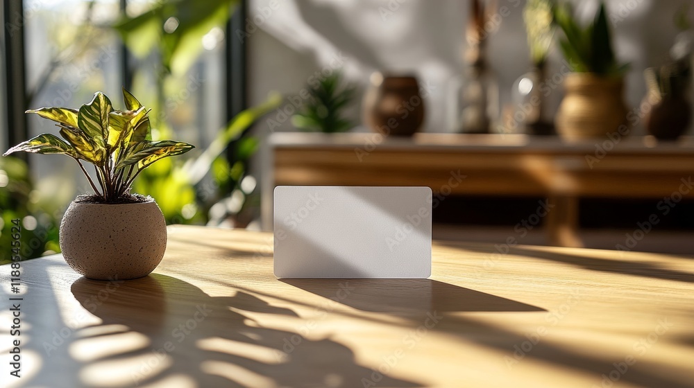 Poster a blank card and a potted plant rest on a sunlit wooden table creating a warm and inviting scene of 