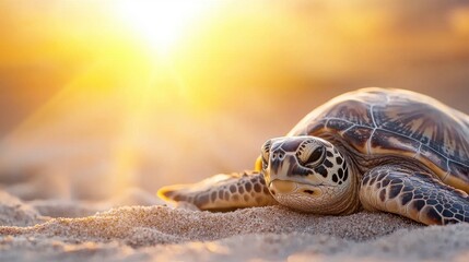 Obraz premium A turtle laying on top of a sandy beach