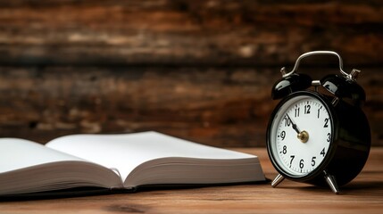 Naklejka premium Time for Reading: An Open Book and Classic Alarm Clock on Wooden Background