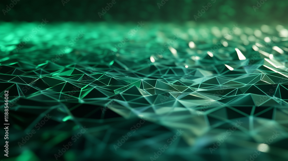 Poster a vibrant green low-poly triangle field with reflective surfaces and intricate patterns forms a mesm