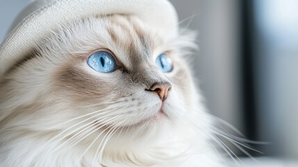 A white cat with blue eyes wearing a white hat
