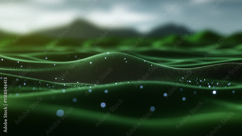 Poster an abstract green low-poly triangle field undulates in a 3d render, its seamless design and futurist