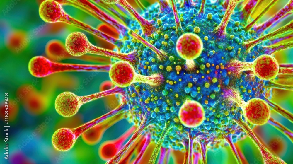 Poster colorful digital rendering of a virus with spiky structures depicting microscopic world in vibrant s