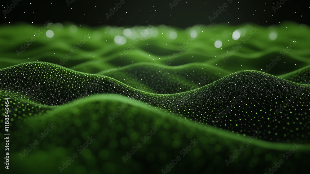 Poster an abstract green low-poly triangle field undulates in a 3d render, its seamless design and futurist