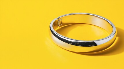 A sleek silver bangle bracelet rests on a bright yellow surface, showcasing its polished finish and elegant design.