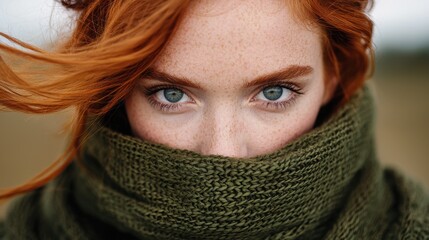 A woman with red hair and blue eyes wearing a green scarf