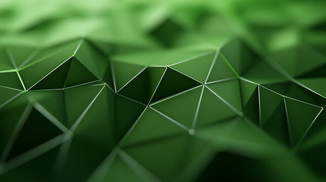 A captivating green low-poly triangle field features glowing edges and intricate polygonal patterns, offering a visually stunning 3D render inspired by advanced technology.