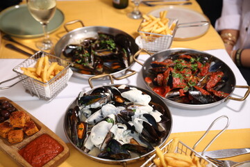 Mussel Trio Platter with Fries and Dipping Sauces