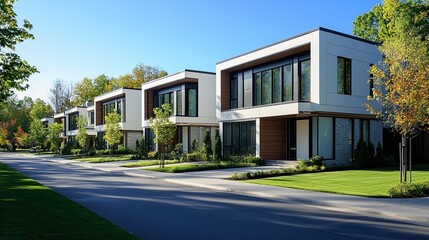 Fototapeta premium Modern suburban homes with clean lines, large windows, and well-manicured lawns. Peaceful residential street surrounded by trees, perfect for family living and suburban lifestyle.