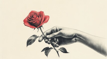 Hand holding a single red rose vector art