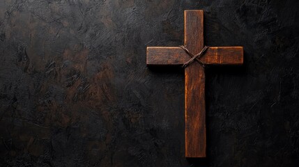 Wooden cross with crown of thorns and nails on black background. Good Friday concept, copy-space